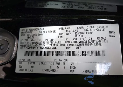 2021 Ford Escape Sel from USA, damaged, VIN 1FMCU9H91MUA58055